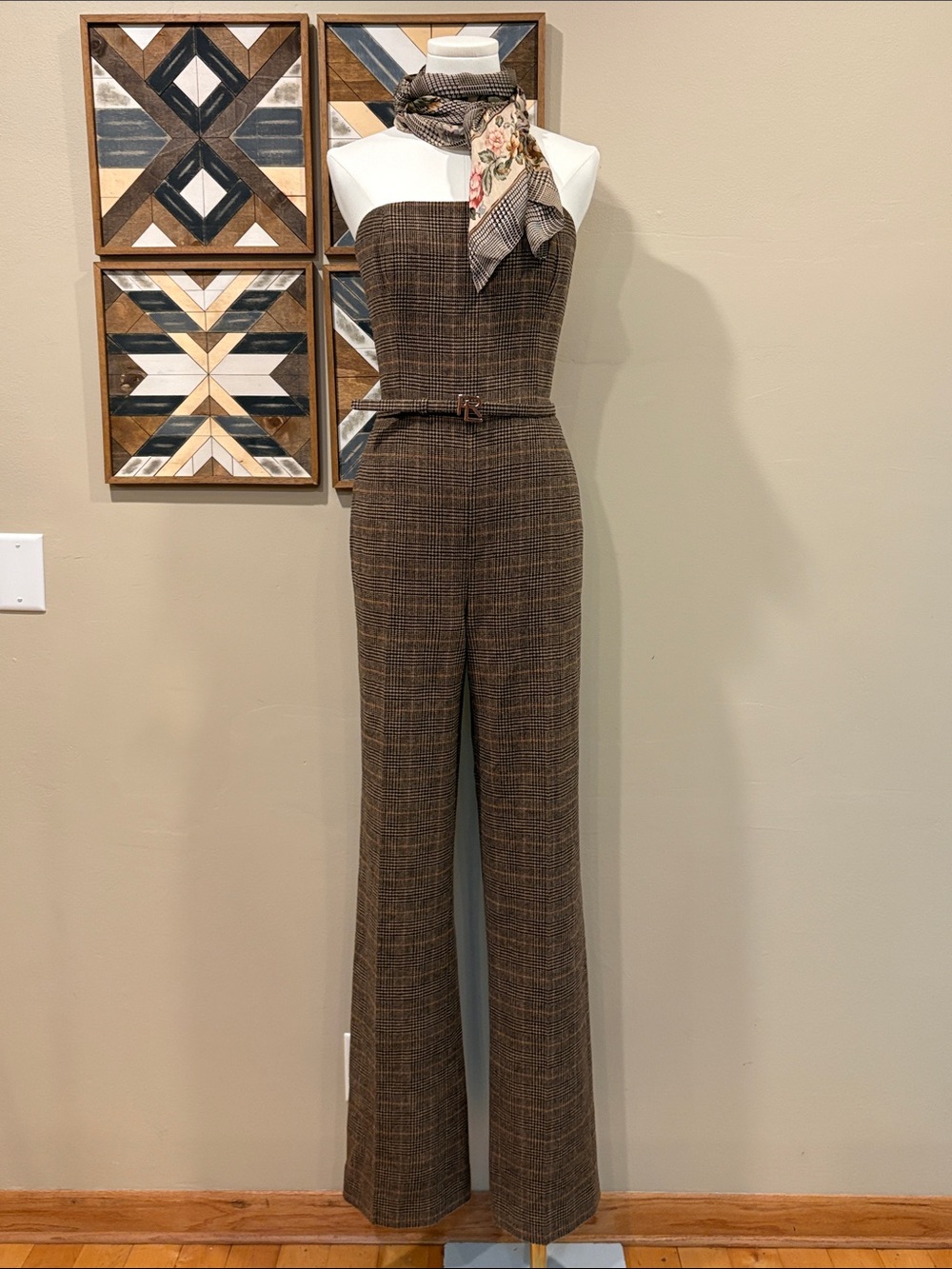 Ralph Lauren Collection Wool Markus Glen Plaid Tweed Jumpsuit RL Logo Belt sz 4